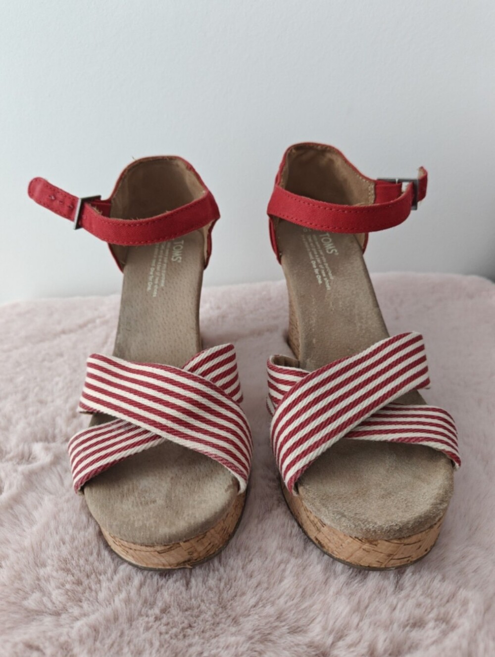 TOMS Red Striped Wedge Sandals with Red Ankle Strap
